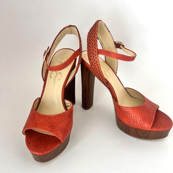 Jessica Simpson Shoes - Jessica Simpson Orange Block Heels Woven straps Orange Heel Sandals Size 7.5